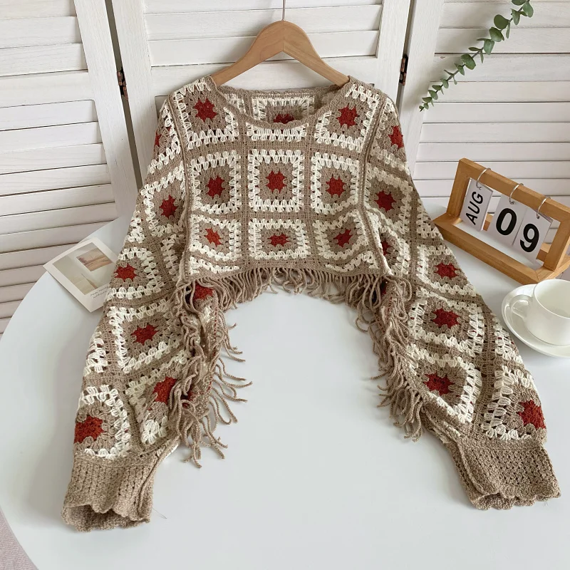 Granny Square Top Fringed Crochet Knitted Top Batwing Sleeve Pullover Sweater Women Teenage Girl Vintage Boho Festival Outfit