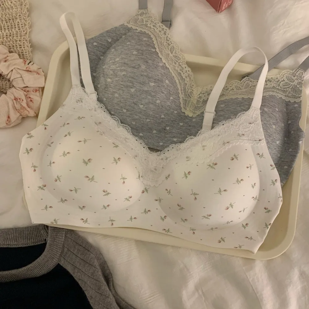 Floral Pattern Breathable Small Chest Bra Lace Edge Comfort No Underwire Bra Sweet Style Student Bra Student Girl