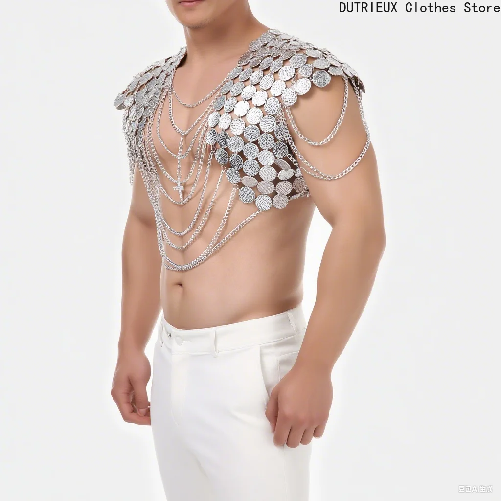 

Men's Sexy Metal Chain Shawl, Fashionable Model Runway Performance Clothing, Party Bar Club Men's Metallic Sequined Vest