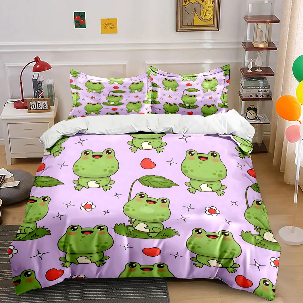 Cute Frogs with Hearts and Flowers Bedding Set for Kids Luxury Gift 3pcs Digital Print Comforter Set Soft Comfortable Breathable