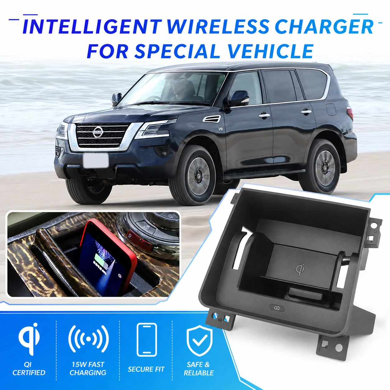 Universal Car Wireless Charger Pad for Nissan Patrol Y62 2010-2022 - Vehicle Mount Charging Accessory Compatible with Xiaomi iPh