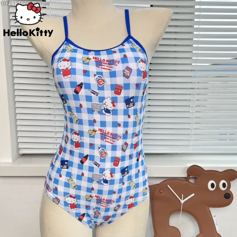 Traje de baño de estilo a cuadros de Hello Kitty para mujer, Bikini Sexy de una pieza con cuello Halter y triángulo, conjunto de ropa de verano para