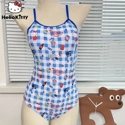 Traje de baño de estilo a cuadros de Hello Kitty para mujer, Bikini Sexy de una pieza con cuello Halter y triángulo, conjunto de ropa de verano para vacaciones y Spa