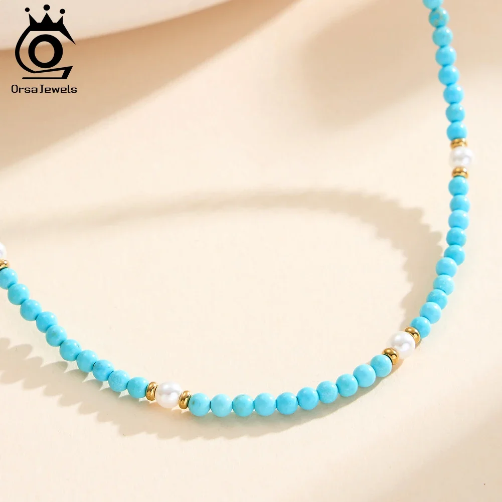 

ORSA JEWELS Vintage 18K Fashion Choker Neck Chain Jewelry Stainless Steel Turquoise Beads Necklace with Natural Pearls STMN06