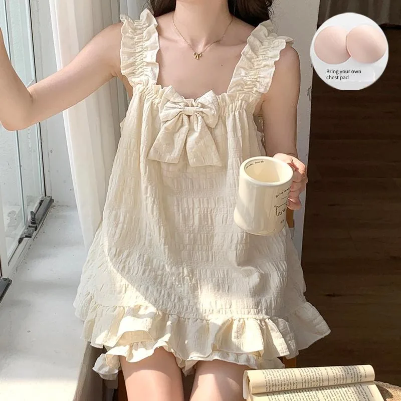 Women's Pajamas Set Summer Cool Soft Camisole Bow-Tie Solid 2PCS Sleepwear Loungewear with Built-In Chest Pad Casual Comfortable