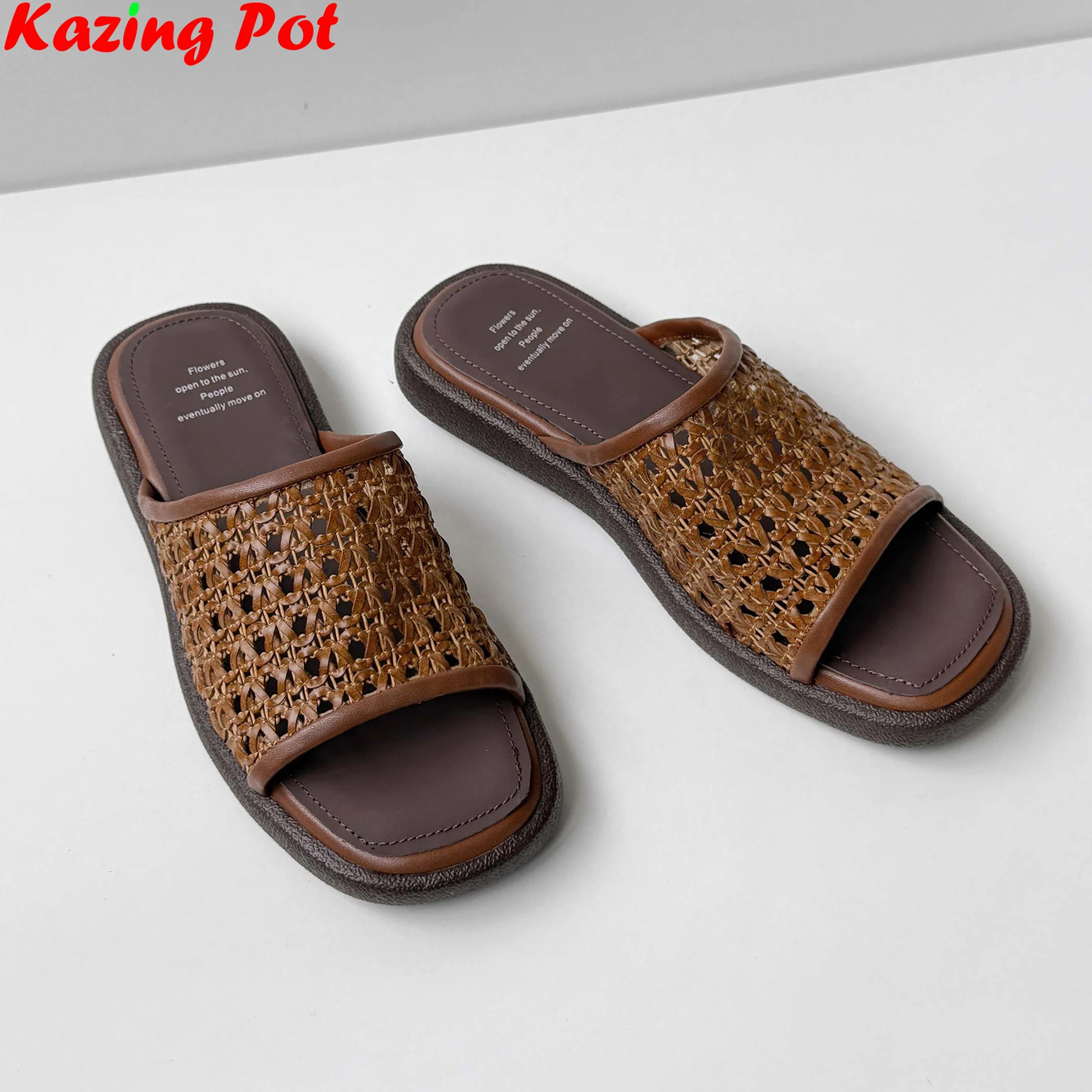 

Krazing Pot Weave Low Heels Elegant Casual Slingback Mules Breathable Summer Sandals Office Lady Concise Luxury Outside Slippers