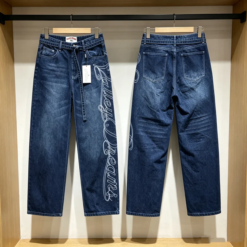 

Side Embroidery Label VALLEY Wear-resistant Scrape Splashed Ink Jeans Men Women High Quality Loose Straight Black Blue Trousers
