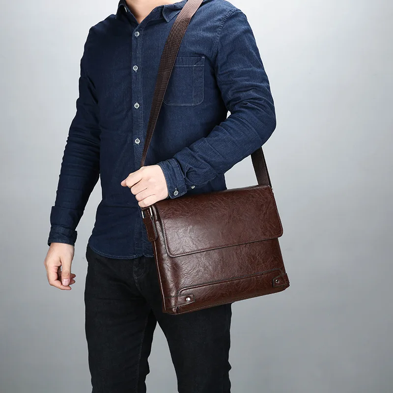 Men's Solid Color Retro Leather Shoulder Bag, Casual Business Crossbody BagS Horizontal A4 Paper Travel Bag Briefcase Laptop Bag