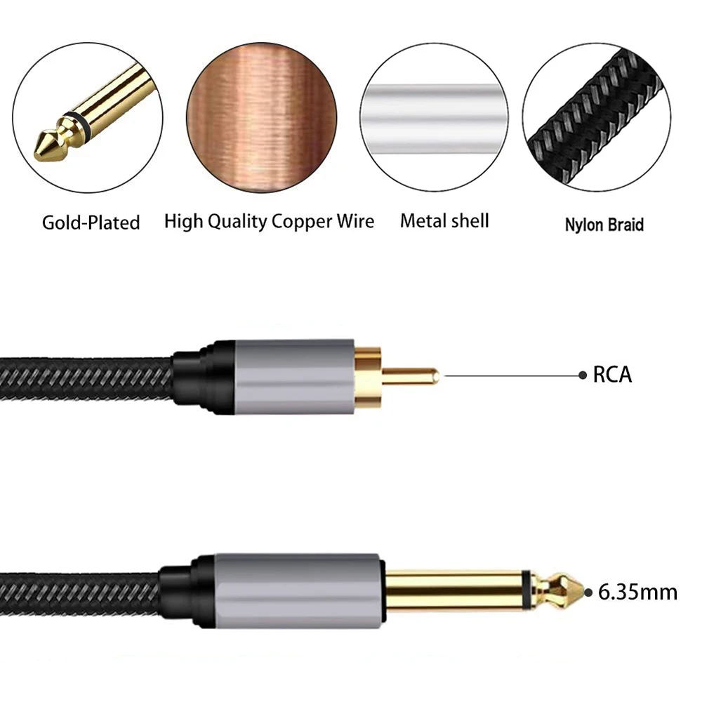 1/2PCS RCA do 1/4 Cal kabel Audio pozłacany miedziany 6.35mm TS Mono męski na RCA męski Patch Cord do głośnika mikrofon gitarowy