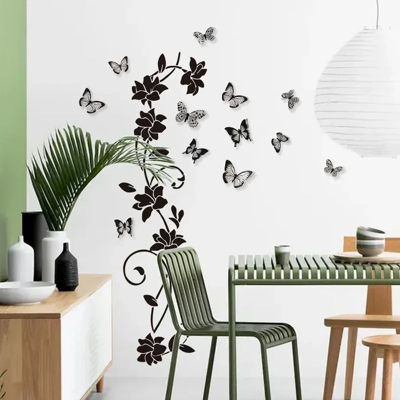 Home Decor Black Flower Rattan 3D Butterfly Wall Stickers Living Room Background Room Wall Stickers Dark Style