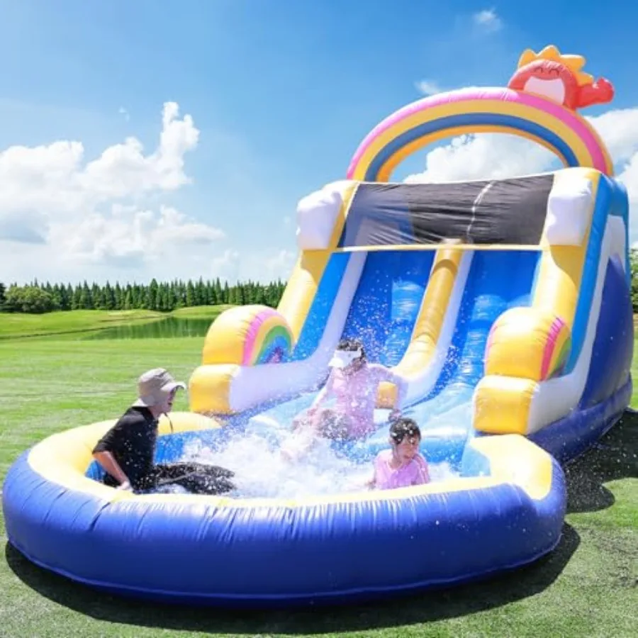24Feet Commercial Water Slide for Adult Kid, Double Slide (100% Heavy Duty PVC), Giant Pool Inflatable Water Slide 1100W Blower