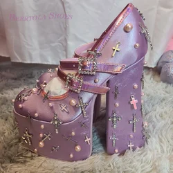 Purple Water Platform Pearl Embroidery Platform Heels Girls Round Head Chunky Sandals Buckle Crystal Women Dress Party Cute Shoe