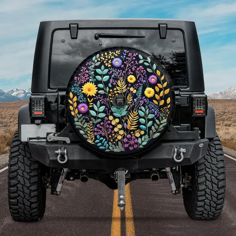 Faux Embroidery Tire Cover, Botanical spare Tire Cover in teal yellow, Unique Spare Tire Cover, Backup Camera Hole, Floral Car a