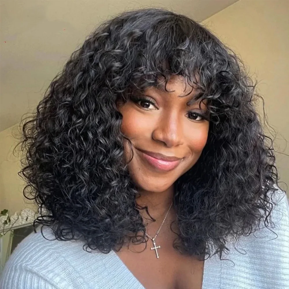 

Парики из натуральных волос с волной воды и челкой, полностью машинное производство, короткий парик Боб, 12 дюймов, бразильские волосы Remy для женщин