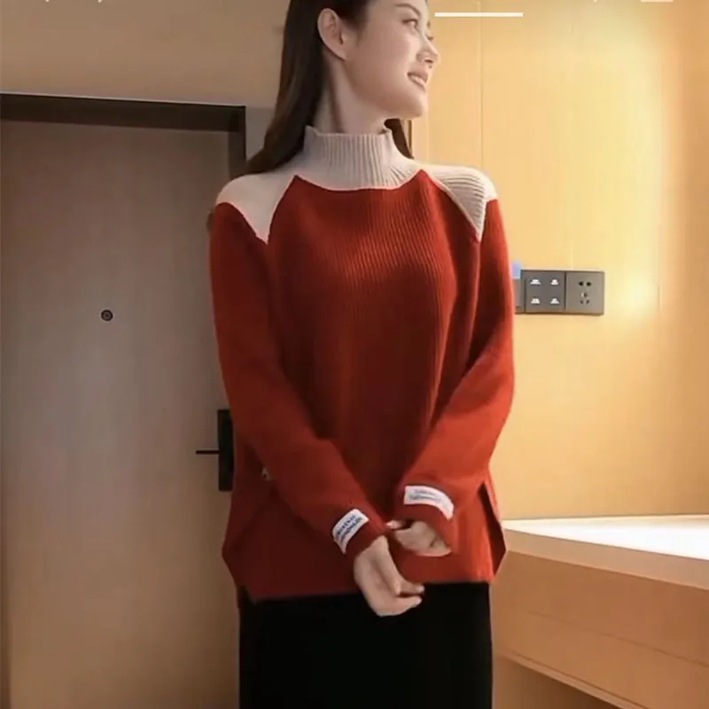 

2022 Autumn Winter Women's Korean Fashion Style Contrast Color Loose Turtleneck Sweater Leisure Tops Sweater Women Pullover