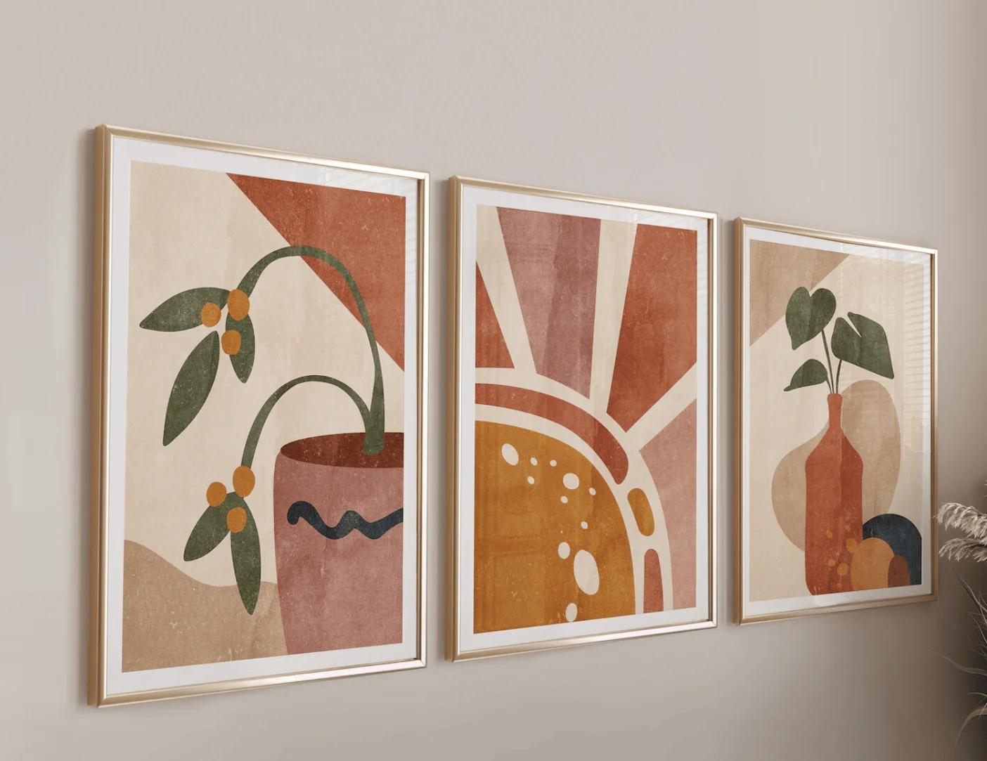 Boho Abstract 3 Panels Wall Art Canvas Prints, Botanical Vase Posters, Earth Tone Decor for Living Room Bedroom Decor