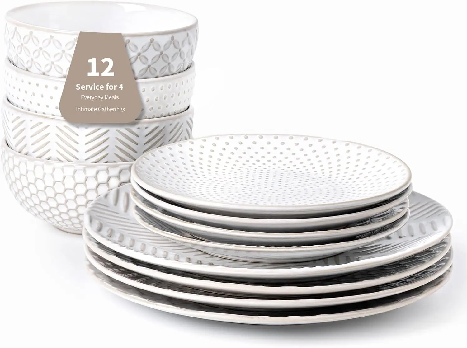 

12 Piece Embossed Dinnerware Sets for 4, Elegant Plates and Bowls Sets, Microwave & Dishwasher Safe