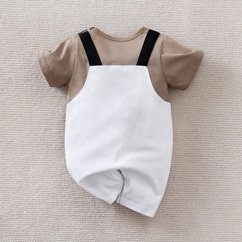 Newborn Boy And Girl Jumpsuit Cute Cartoon Animal Whale Casual Fake Shoulder Strap Coffee Colored Summer Short Sleeved Jumpsuit