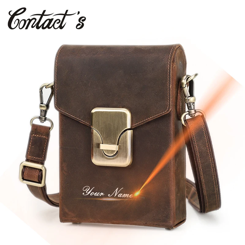 Contact\'s Free Engraving Causal Men Crossbody Bag Crazy Horse Leather Shoulder Bag Luxury Brand Male Handbags with Phone Pouch