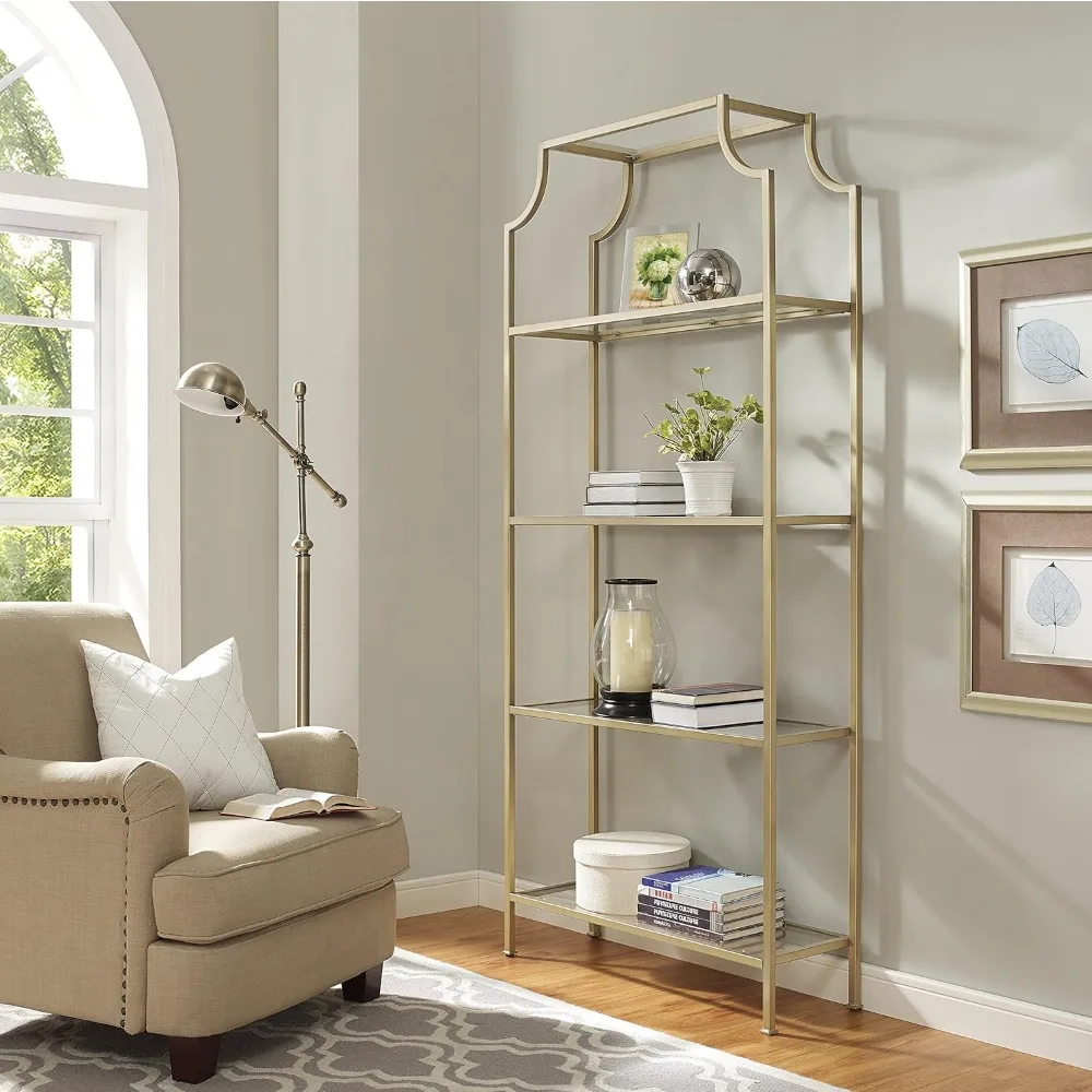 Aimee Bookshelf With Glass Shelves, Bookcase Storage, Gold And Glass