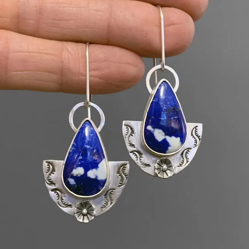 Vintage الجوف الجوف دوامة الأزرق حجر استرخى القرط للنساء مجوهرات القبلية معدن فضي اللون دوامة العرقية بوهو أقراط