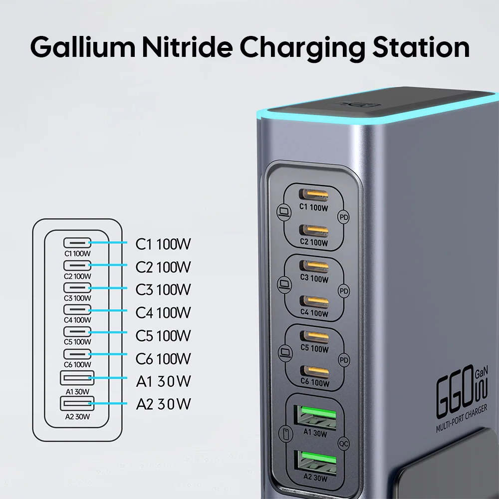 Total 660W GaN 8Port Desktop Charging Station PD 100W For MacBook Pro/iPhone/Samsung S24/iPad USB Fast Charger 100/30W Type C