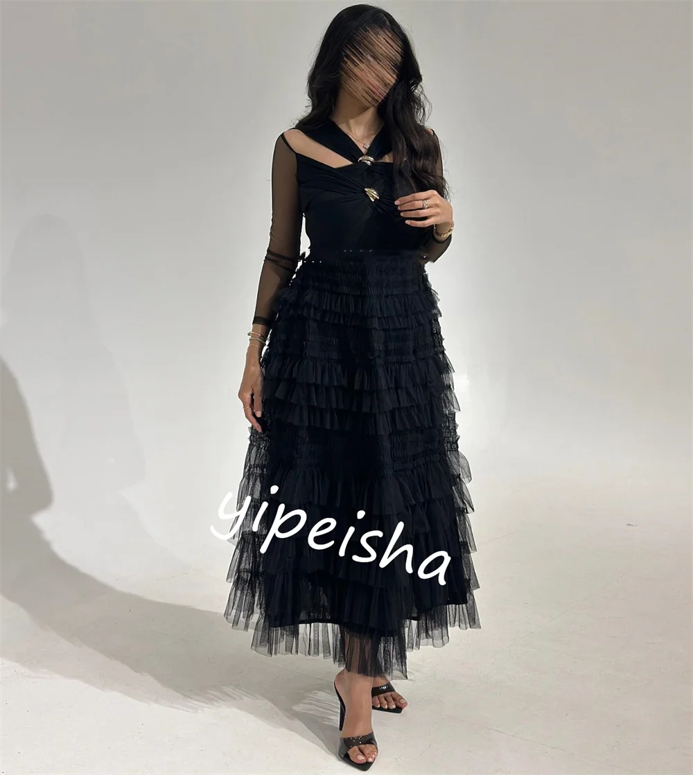 Vestido de noche de tul para baile de graduación, traje de Navidad escalonado con cuello en V, a medida, Midi, es Arabia Saudita