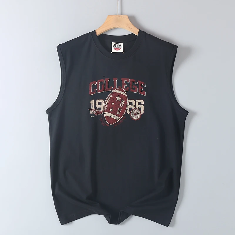 2025 Summer New American Retro Sleeveless O-neck Letter Printed T-shirt Men's Fashion 100% Cotton Basketball Sports Casual Vest