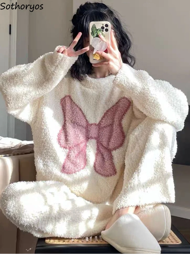 Pajama Sets Women Sweet Bow Design Simple Loose Cozy Warm Homewear Winter Korean Style Thicken Casual Fashion Ladies Creativity