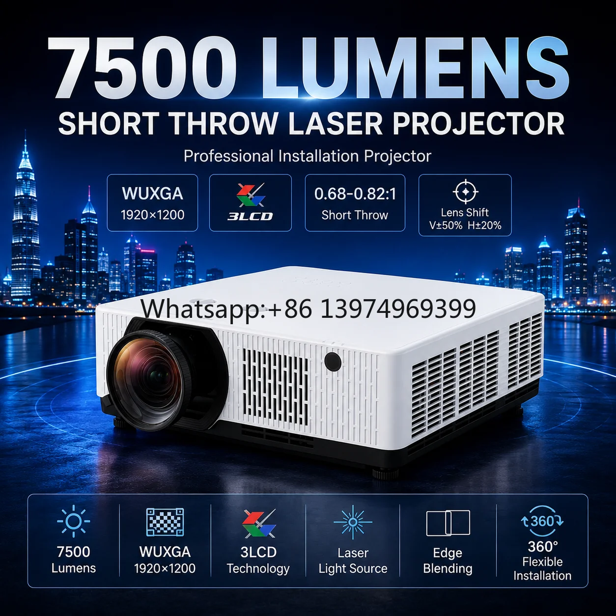 Professional 7500 Lumens WUXGA Short Throw Laser Projector 0.68-0.82:1 with Edge Blending and 360 Installation