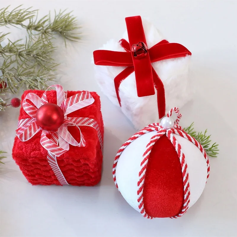 

2Pcs 10CM Red and White Flocking Christmas Ball Hanging Decor Christmas Gift Box Christmas Tree Hanging Christmas Window Decor