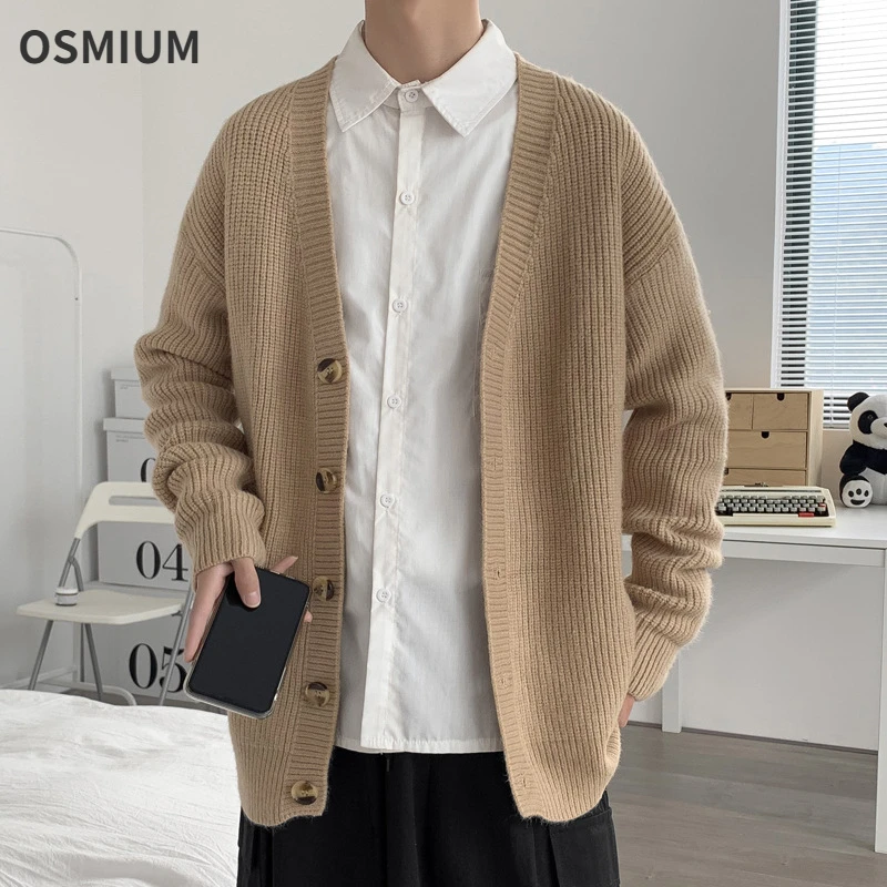 

Autumn Winter Men V-neck Sweater Casual Solid Color Knitwear Thick Wool Striped Button Up Top Loose Knitted Cardigan Plus Size