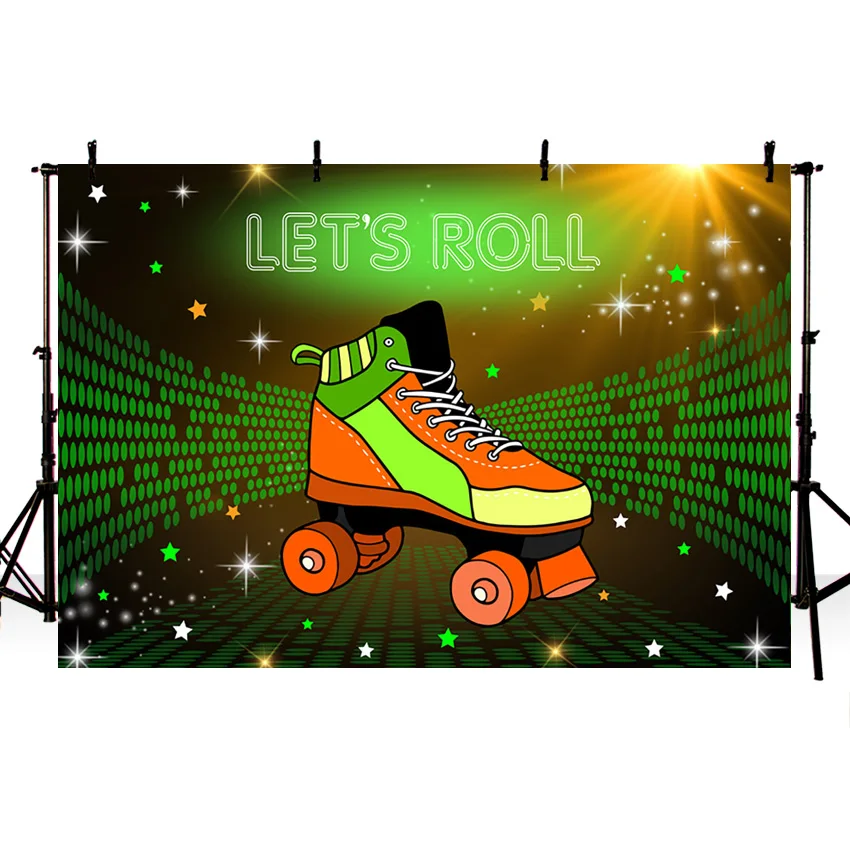 LET’S ROLL Themed Bbackdrop Neon Roller Event Poster Green Fluorescent Skates Sports Field Photography Background Decor Posters