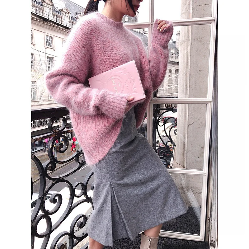 

Elwing Original Retro High Waist Thiened Woolen Mid-Length A-Line Skirt Women's Winter Fi Tail Bodycon Skirt Commute Sle