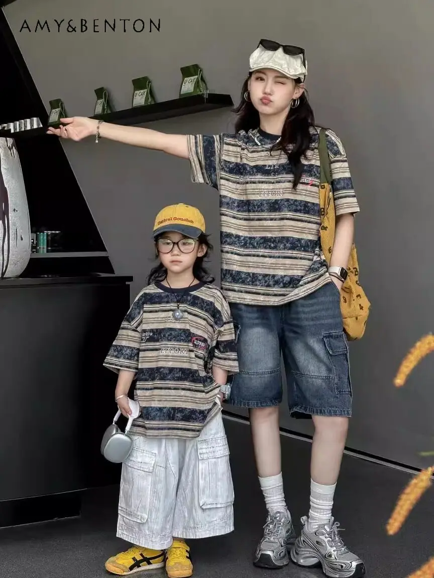 

2026 New Summer Korean Fashion Casual Family Matching Outfits Mom and Me Color-block Strip T-shirts Loose Fit Unique Chic Tops