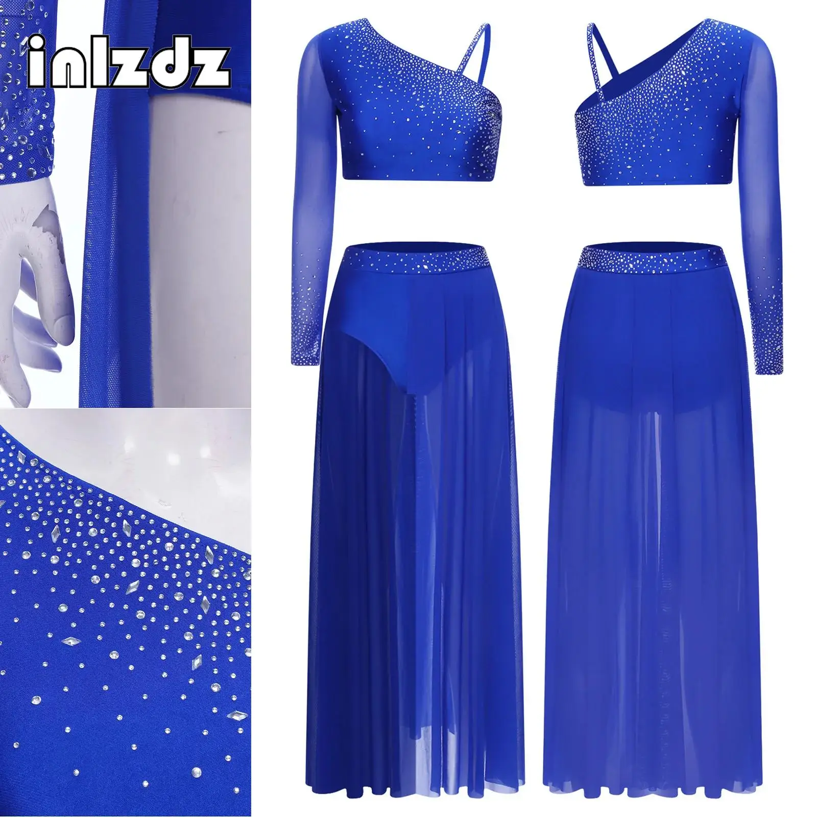 

Womens Lyrical Skating Dance Outfits Rhinestone Asymmetrical Crop Top Slit Mesh Hem Skirt 2-piece Outfits Contemporary Dancewear
