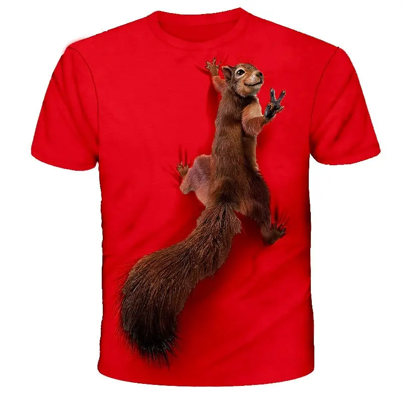 Men's 3D Realistic Climbing Squirrel Peace Sign Print T-Shirt Cute Wild Animal Graphic Crew Neck Short Sleeve Tee