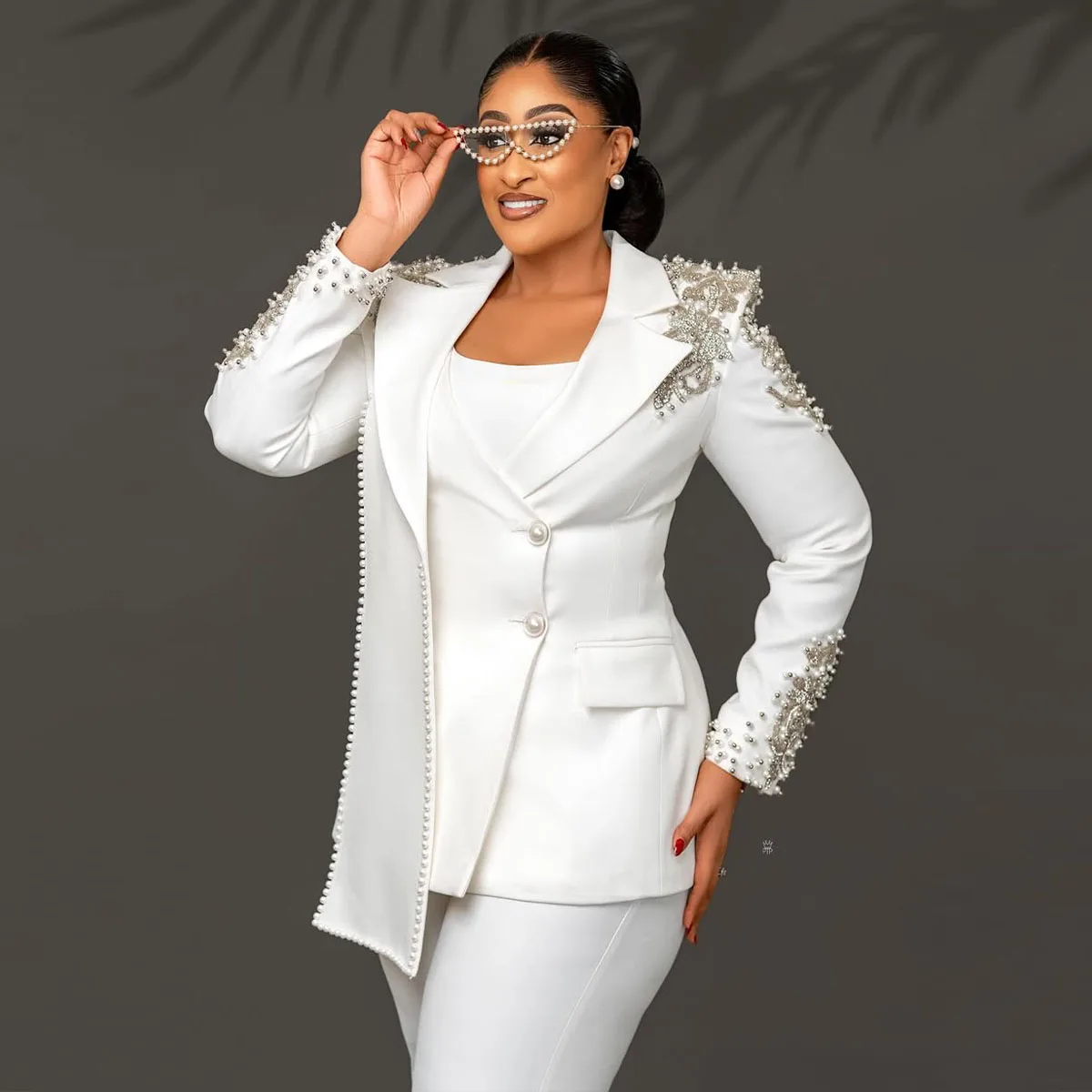 Diamond Simple Beads 2 Piece Set Customized Women Suits Notched Lapel Single Breasted Plus Size African Women One Button Blazer