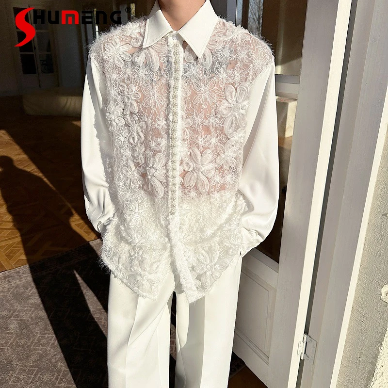 

Men's 2026 Spring Summer New Hollow Out Shirts Chic Floral Splicing Pearl Fashion Lapel Long-Sleeve Shirts High-End Trendy Tops