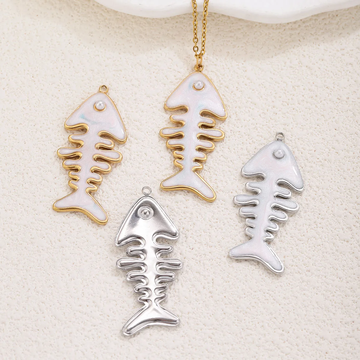 1/3Pcs Fish Bone Imitation Pearl Charms Stainless Steel Cute Pendant DIY Earrings Necklace Keyring Jewelry Women Gifts wholesale