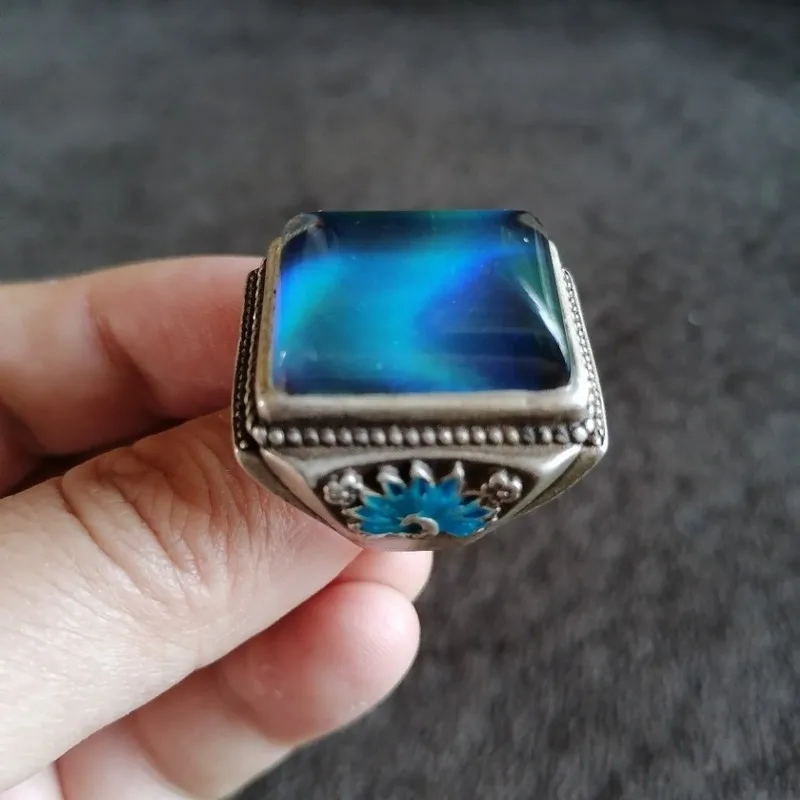 Antique Vintage Retro Silver Color-Changing Gemstones, Adjustable Size, With Aged Patina, Peacock Ring