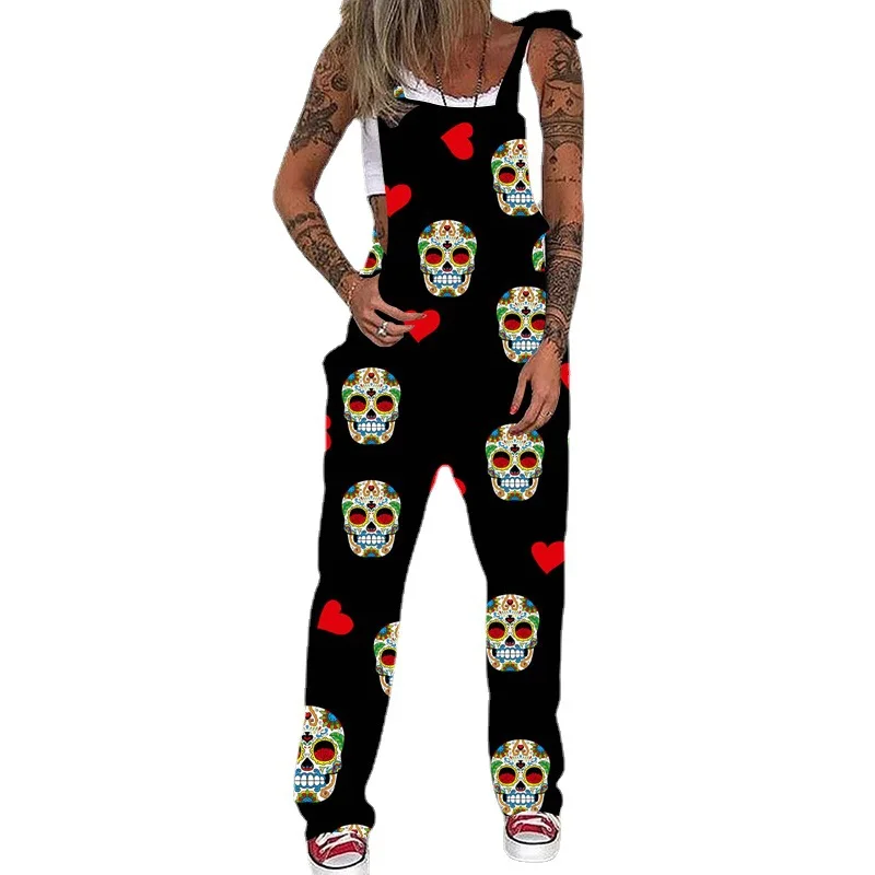 Fashion Gothic Skull Print Jumpsuits Plus Size Women Spaghetti Strap Trouser Sexy Pocket Design Overalls Bodysuit Halloween