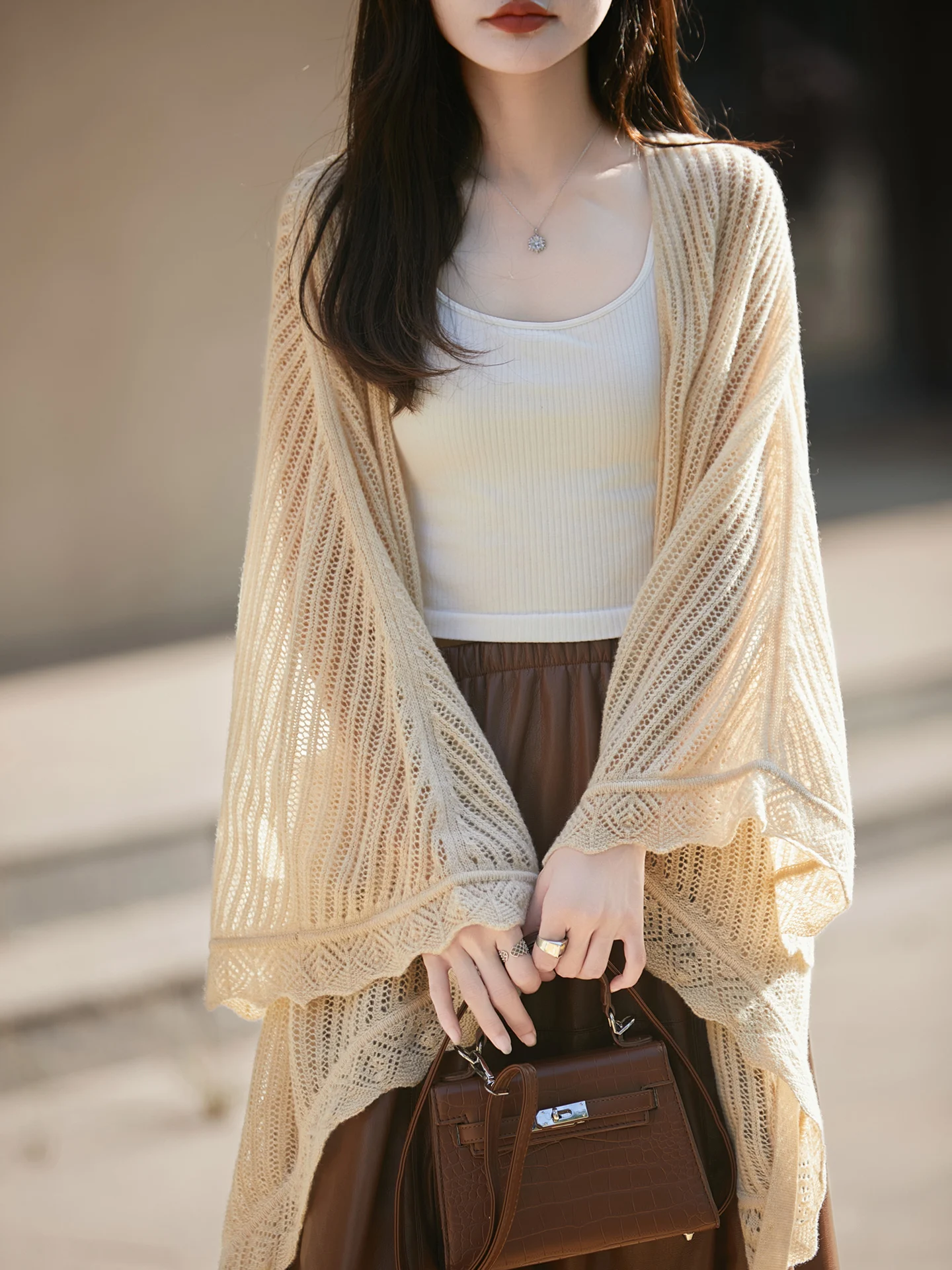 

TLOML Early Spring New Women's 100% Merino Wool Knitted Hollowed-out Waist Rope Shawl Casual Cashmere Knitwear Grace Soft Shawl