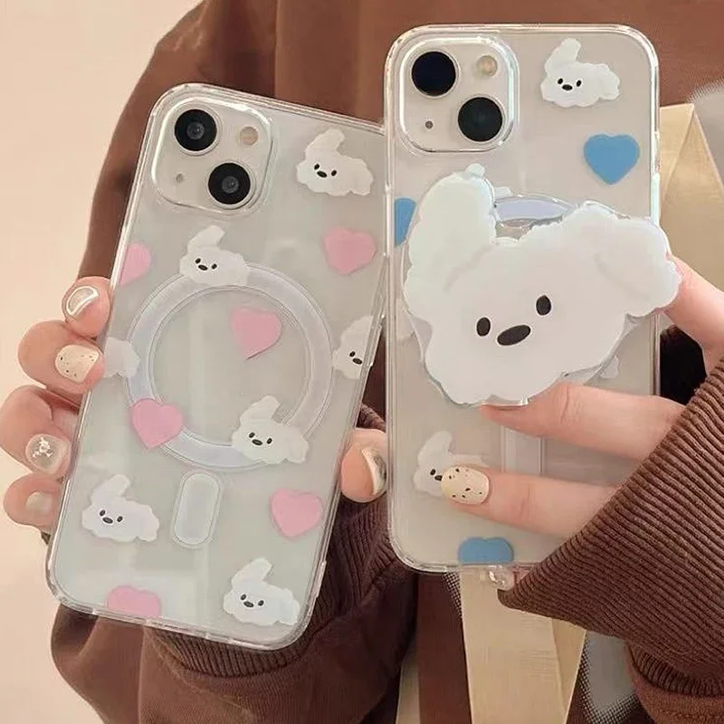 한국어 귀여운 베이지 강아지 마그네틱 홀더 그립 Tok Griptok 전화 스탠드 홀더 지원 IPhone 15 16 Pad Magsafe Smart Tok