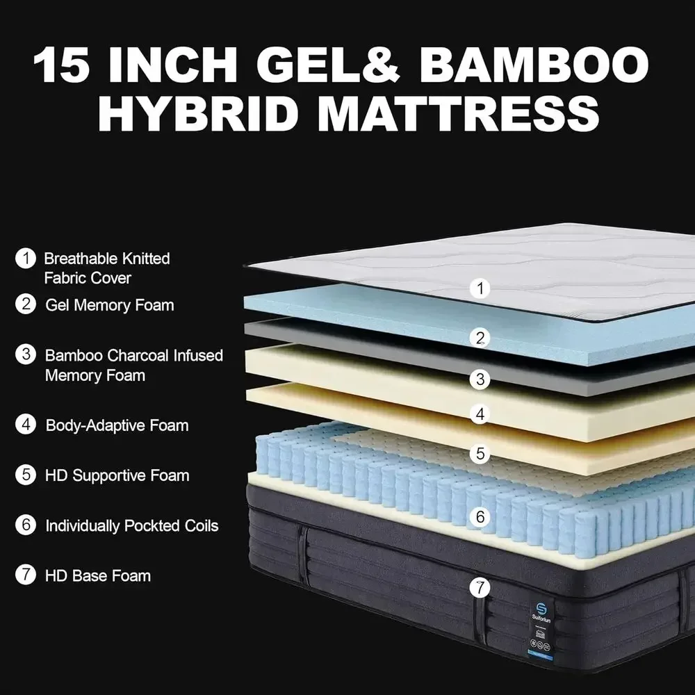 15 Inch Medium-Plush Hybrid Mattress with Gel Memory Foam and Edge Support Coils for Cooler Sleep and Back Pain Relief