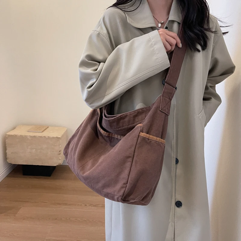 Big Canvas Women's Bag Zipper Eco Bag Korean Shoulder Cross Bag School Shopping Messenger Bag Y2K Handbag Multi Pockets Casual