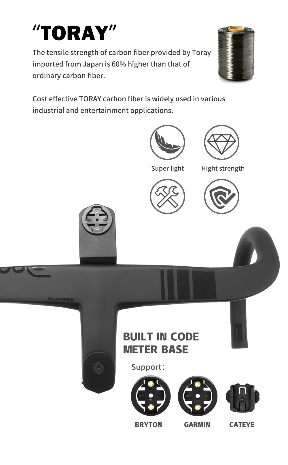 DEDA ALANERA RS T1000 Integrierter Carbon-Straßenlenker mit Computerhalterung, interner Kabelführung, 28,6-mm-Steuerung und Abstandshalter – Detail 2