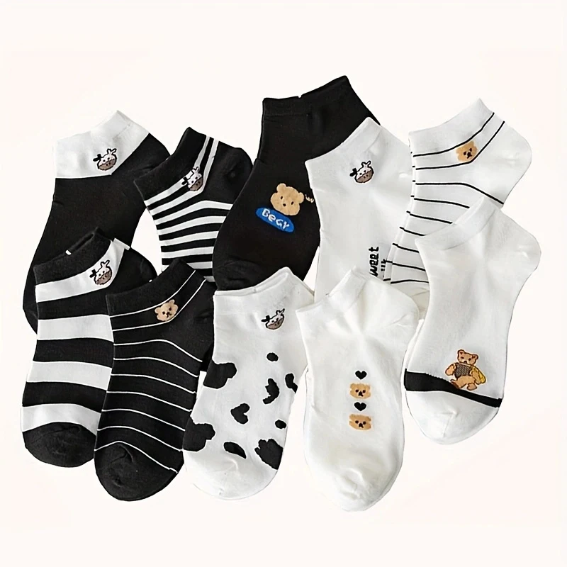 10 Pairs Cow Print Socks For Women Summer Short Cartoon Ankle Socks Set Cute Shallow Mouthed Breathable Girls Foot Calze