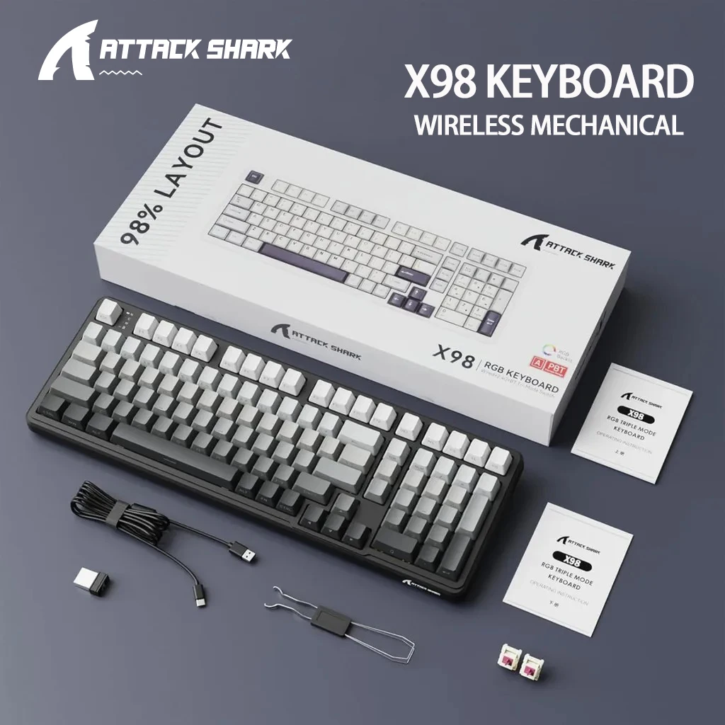 لوحة مفاتيح ميكانيكية Attack Shark X98 لاسلكية 102 مفتاحًا بالحجم الكامل أغطية مفاتيح RGB PBT قابلة للتبديل السريع، بطارية 4000 مللي أمبير في الساعة، تدعم الكمبيوتر/الكمبيوتر المحمول #1