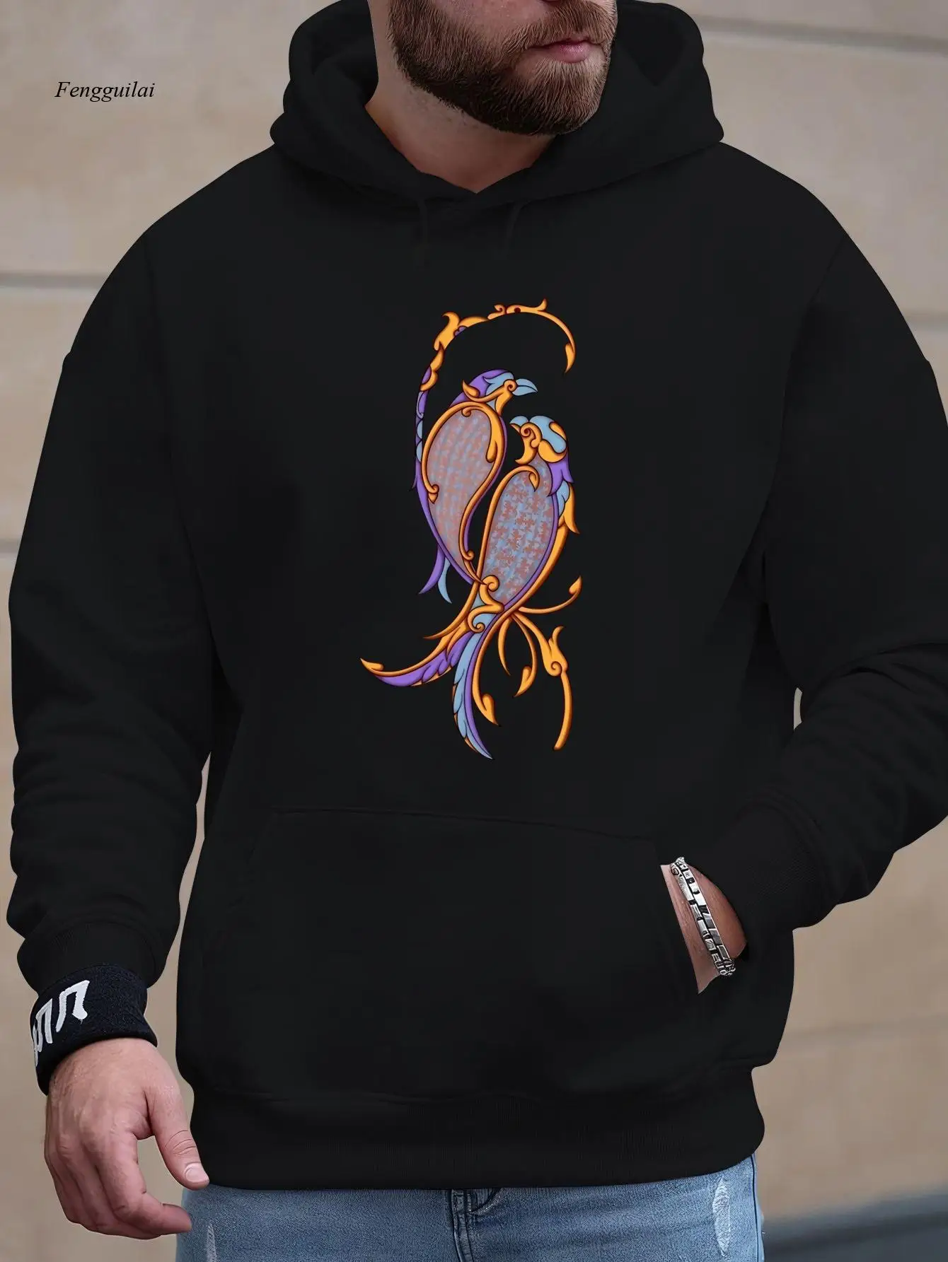 Felpa con cappuccio grafica: elegante felpa in velluto autunnale e invernale con un design vibrante del drago